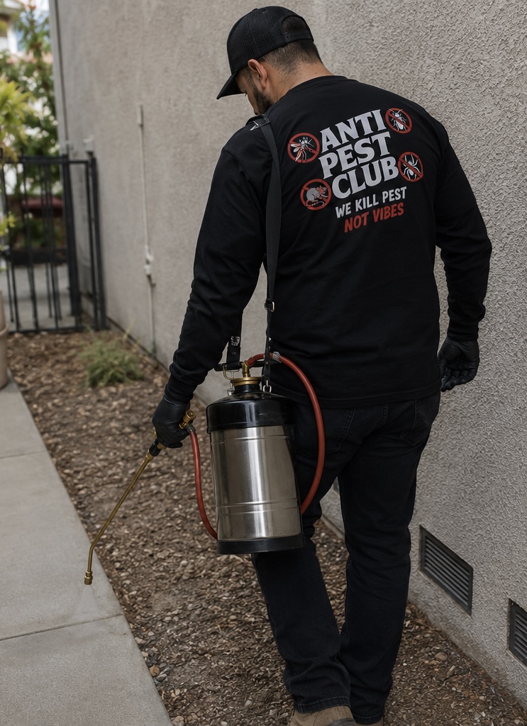 Anti Pest Club technician treating the foundation line along a home walkway