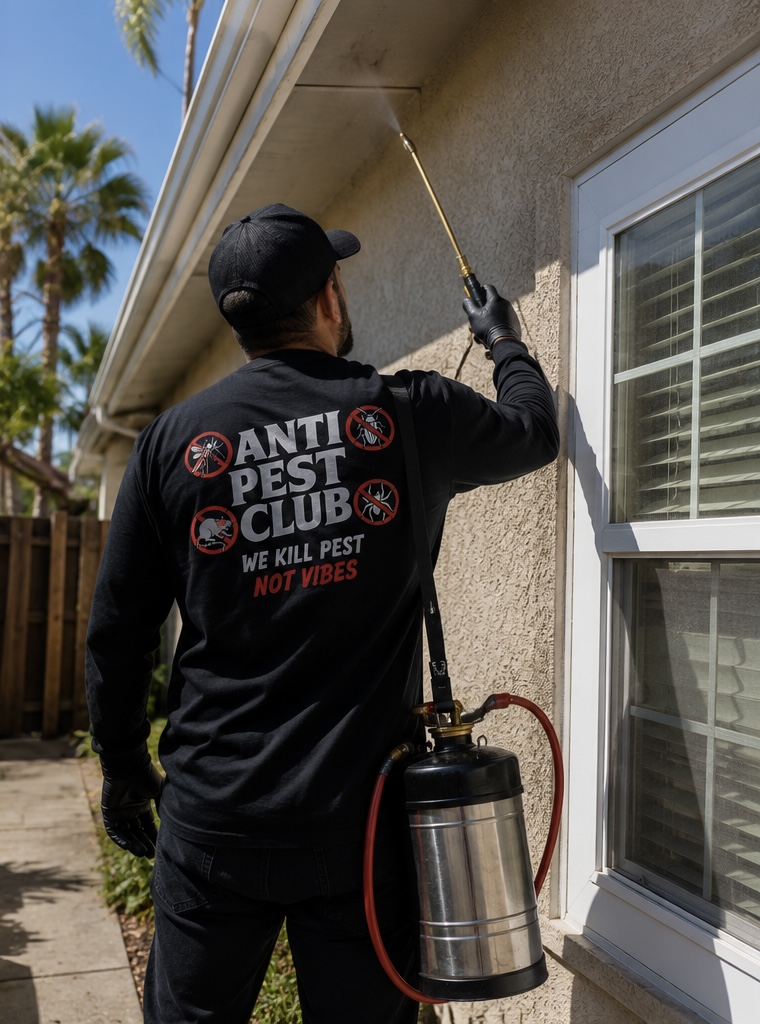 Anti Pest Club technician spraying the exterior eaves of a home