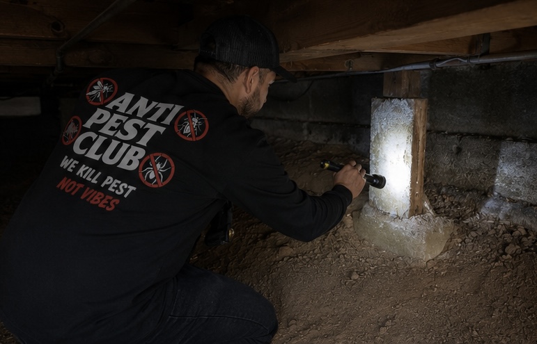 Anti Pest Club technician inspecting a crawl space with a flashlight