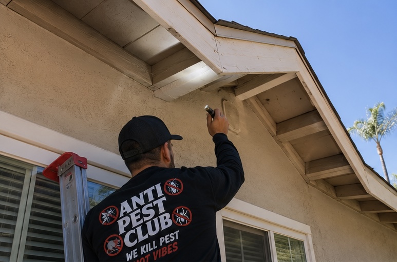 Anti Pest Club technician inspecting a roof vent from a ladder
